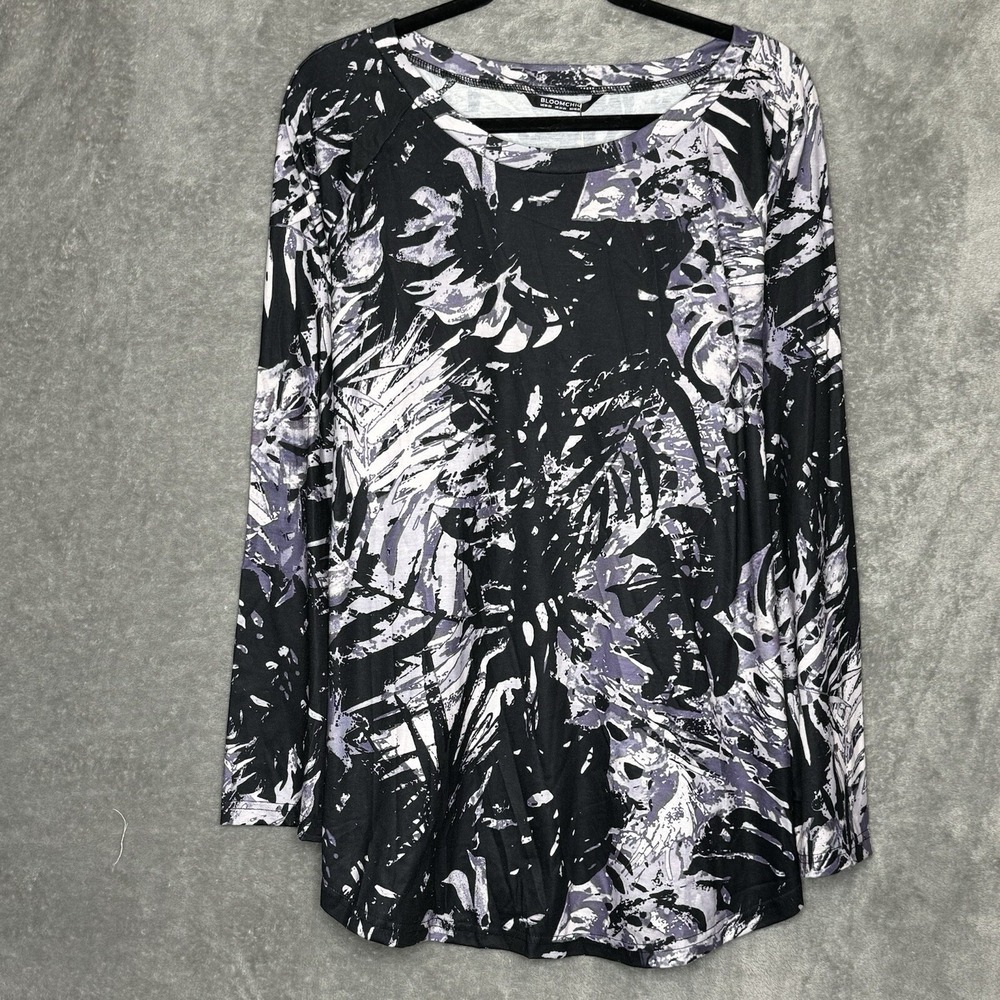 Bloomchic 18 20 1X Top Shirt Black Floral Flower Long Sleeve Round Neck Stretch